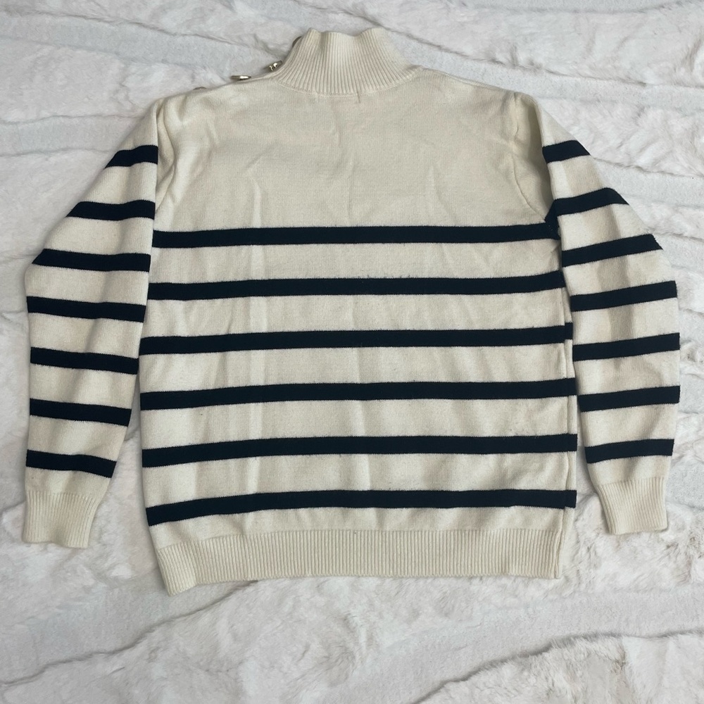 Cream and Black Striped Turtleneck Sweater